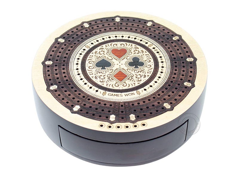 House of Cribbage - Round Shape 3 Track Non-Continuous Cribbage Board - Push Drawer Storage for Pegs and 1 Deck of Cards with Score Marking Fields for Won Games (Maple Wood/Rosewood) - Image 4